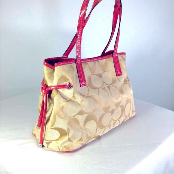 Coach vintage signature striped carry all bag ,canvas scarf pattern leather pink - Picture 9 of 11